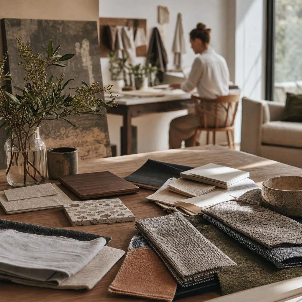 Interior design studio workspace with material samples